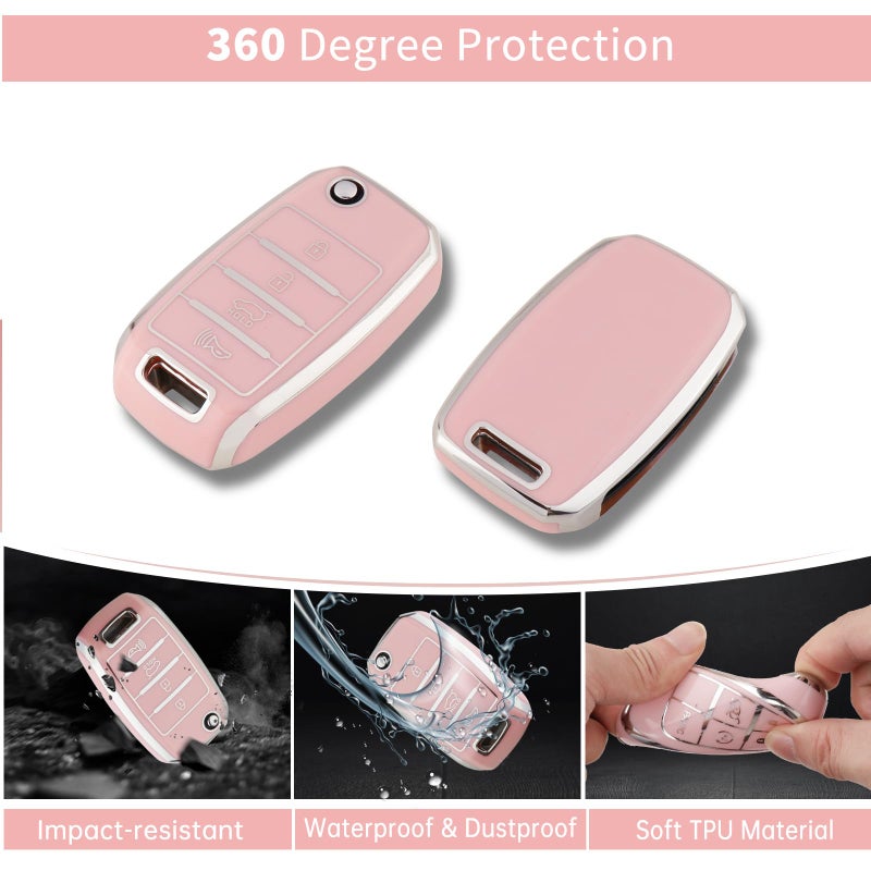 Pangpai Pink Key Fob Cover for Kia, Soft TPU Key Case Protection with Bling Keychain Fit for Kia Sedona Rio Optima Soul Sportage Sorento Carens Flip Key - Image 3